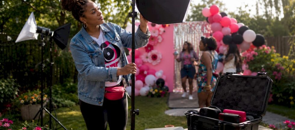 Event planner adjusting photo booth lighting in venue