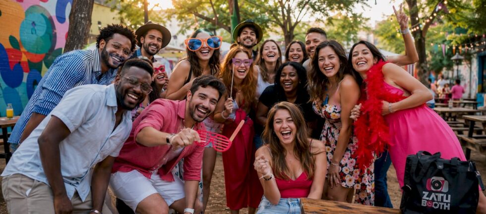 Group arranging for themed event photo outdoors