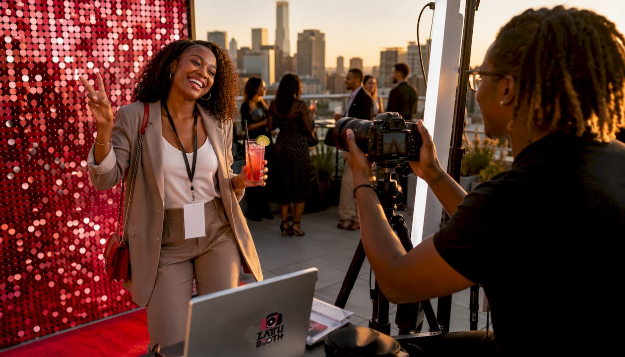 Woman interacting with premium open-air photo booth
