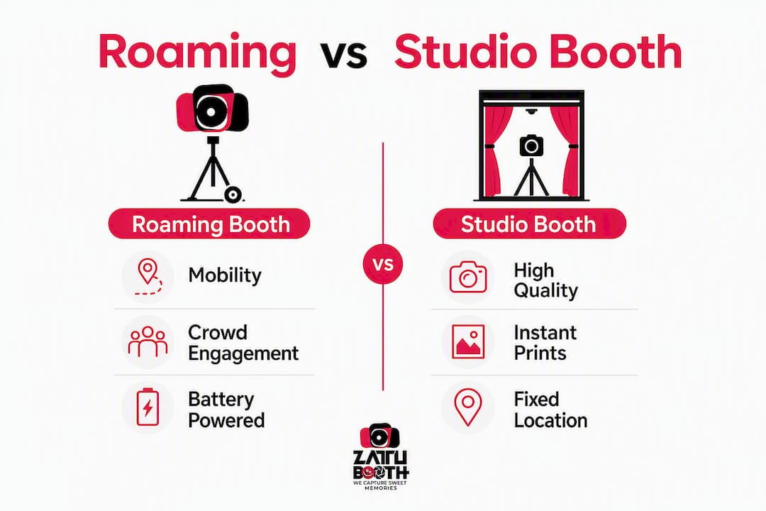 Infographic comparing roaming and studio booths for fundraisers