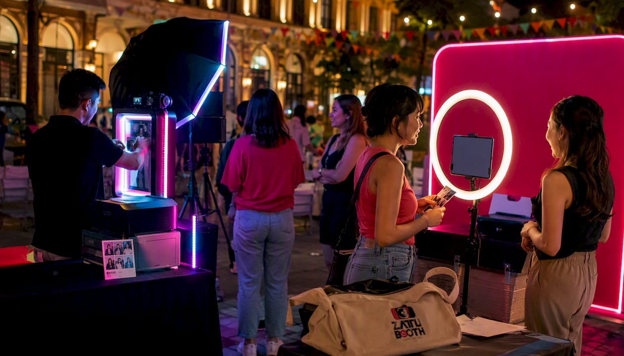 Side-by-side photo booth lighting setup comparison at gala