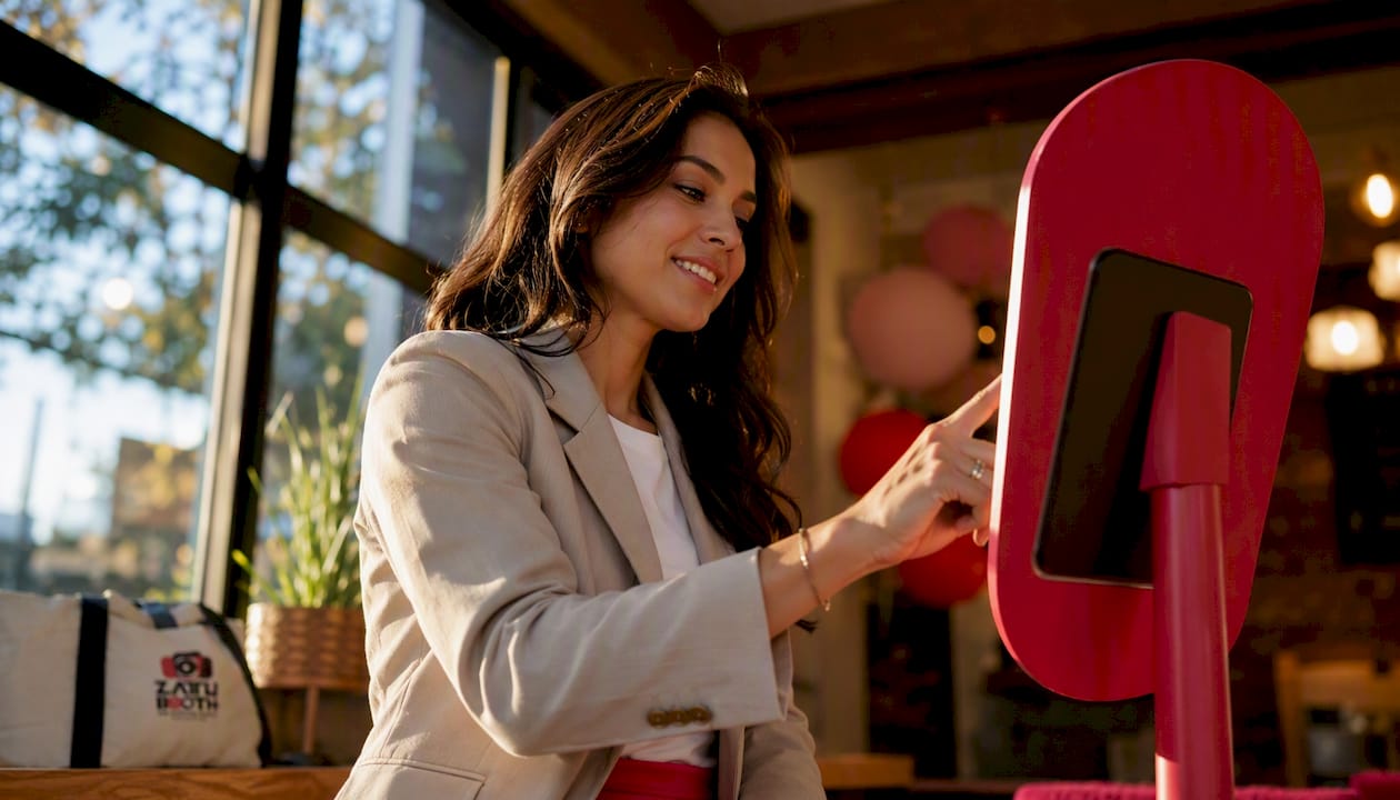 Woman interacting with tablet photo booth at wedding venue