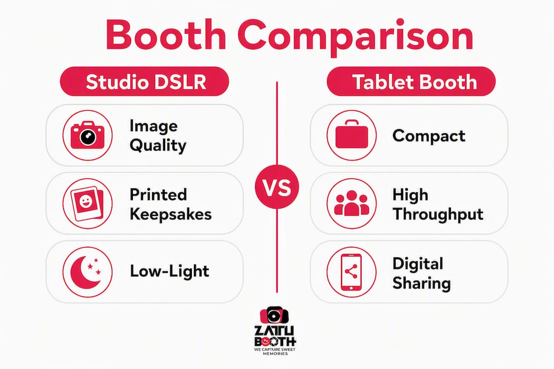 Infographic comparing studio DSLR and tablet photo booths
