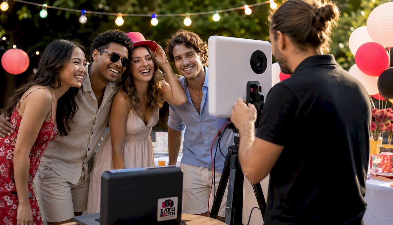 Guests enjoying professional photo booth at event