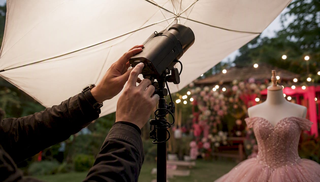 Hands adjusting off-camera flash with diffuser